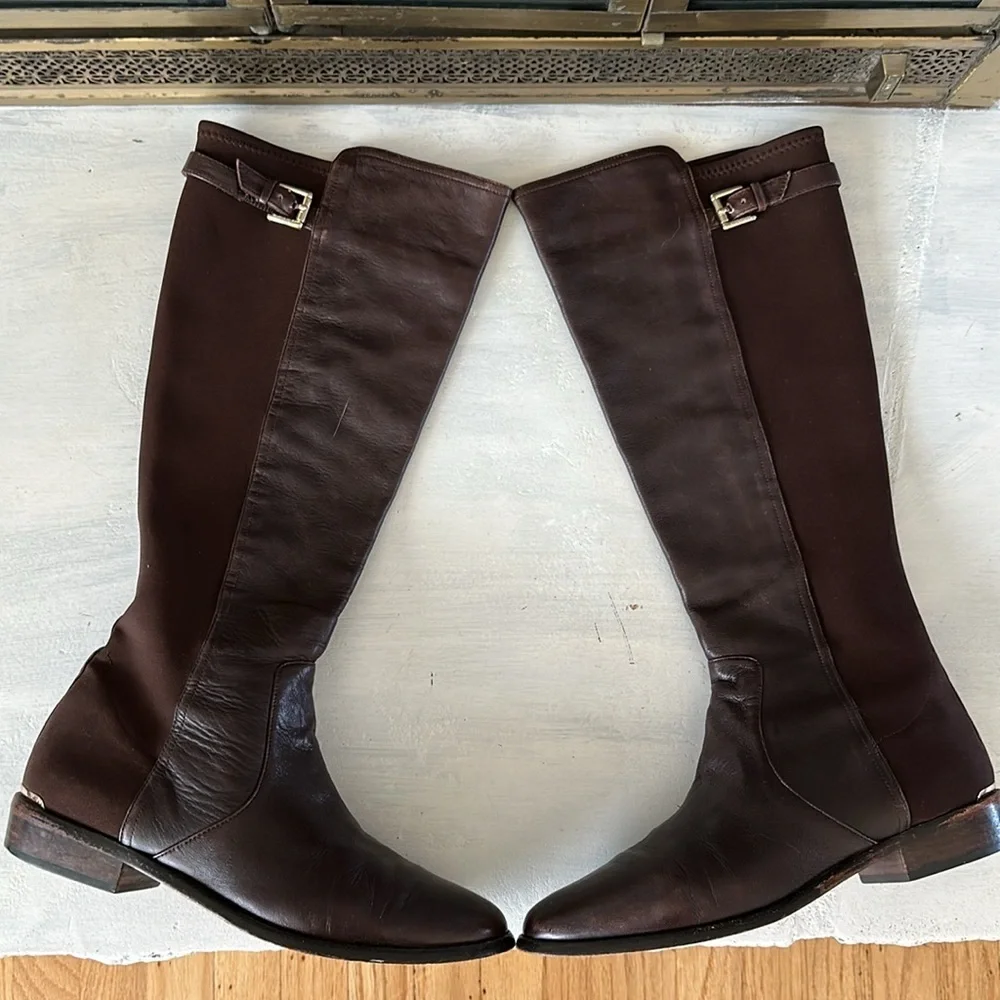 Coach Lilac Tall Boots Brown Leather Fabric Stretch Panel Size 10 Buckle Classy - Picture 3 of 16